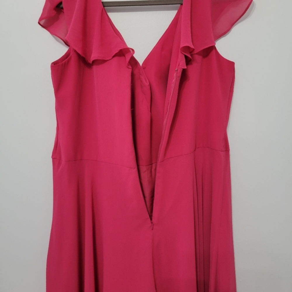 Hayley Paige Occasions Flamingo Pink Chiffon A-line Gown Ruffled V Neck, Size 22 - Picture 10 of 14